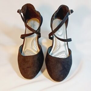 Dex Flex Black Suede Ankle Strap Low Wedge Heels Women's Size 8W Wide Width